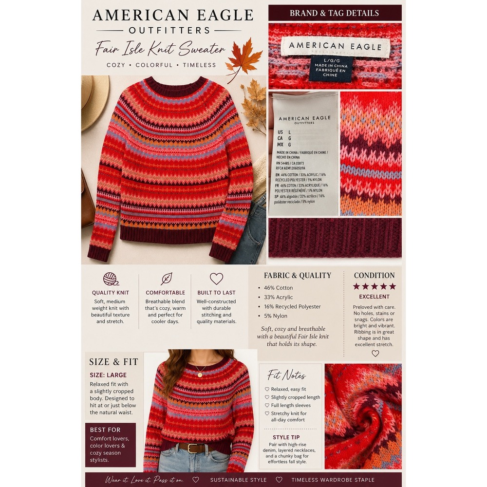 American Eagle Fair Isle Sweater Women Large Red Nordic Après Ski Heritage Knit - Picture 7 of 13